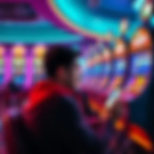 A frustrated player sitting in front of a casino slot machine, looking at their phone showing an unpaid winnings notification