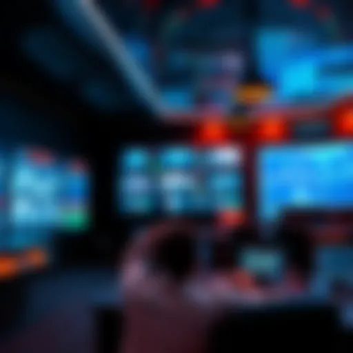 A modern casino surveillance room with multiple screens displaying various camera feeds and analytics tools