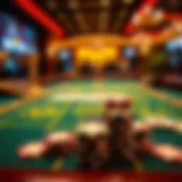 Close-up of a baccarat table at Rivers Casino with poker chips and cards