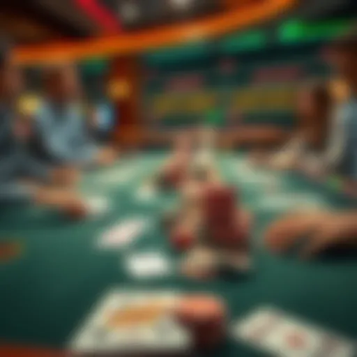 A blackjack and baccarat table in a casino setting, showing cards and chips, with players looking concerned over their losses.