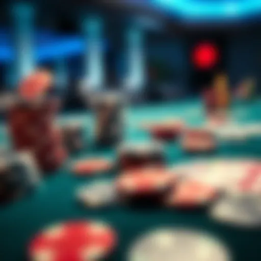A close-up of a casino table showing poker chips and cards, illustrating a betting strategy