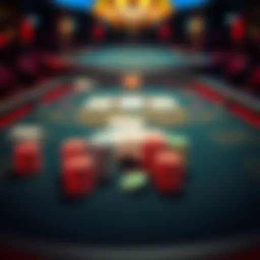 A blackjack table featuring stacks of colorful chips and playing cards, showcasing a gambling atmosphere.
