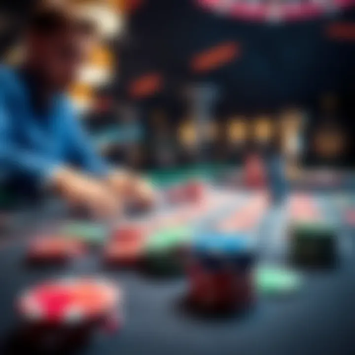 Casino table with chips A casino table showing colorful betting chips with a focused player placing bets, illustrating the tension of gambling progressions.