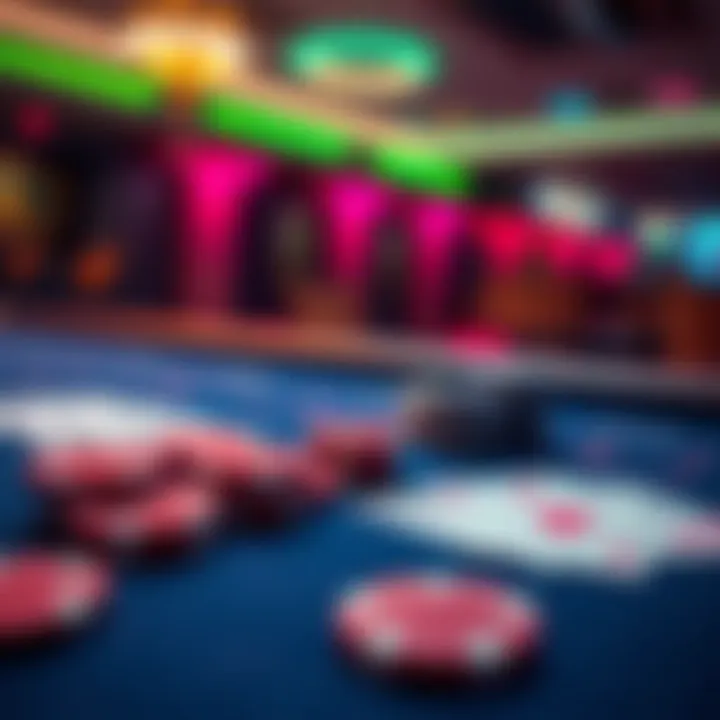 A casino table showing poker chips and playing cards, representing a gambling experience