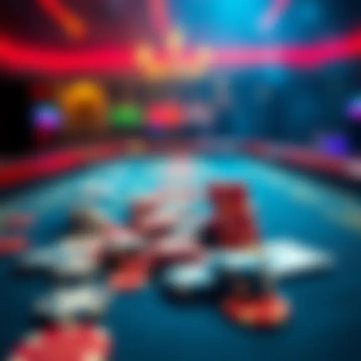 Casino Table with Chips and Cards A vibrant casino table featuring various chips and playing cards, highlighting the excitement of betting.