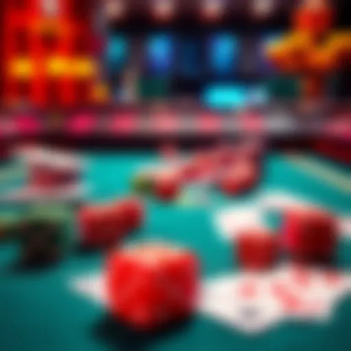 A casino table featuring colorful dice and playing cards, symbolizing gambling and strategy in games.