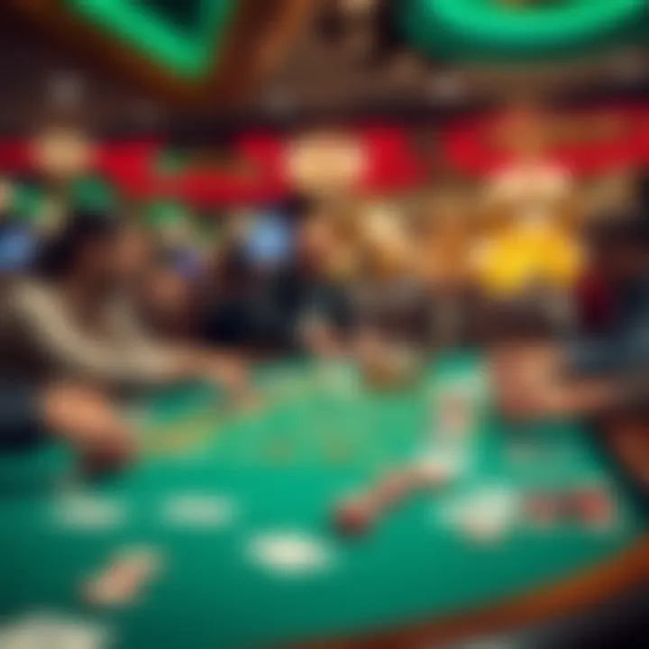 Casino Table Game A busy casino table showing players engaged in a card game. Chips and cards are scattered on the table, indicating an active gaming session.