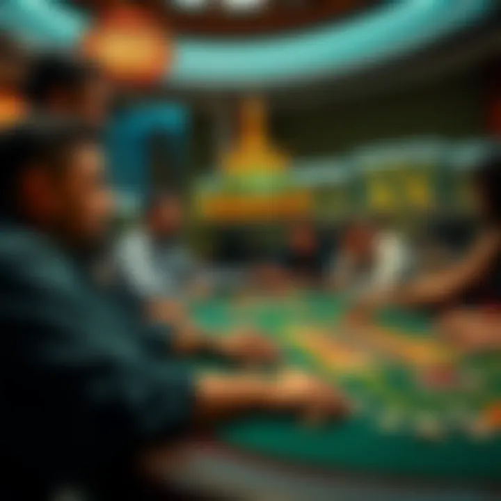 People playing at a casino table, focused on the game and chips.