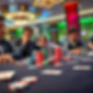 Players at Casino M8trix looking surprised at a table with poker chips and cards, reflecting the new rule on chip reduction when switching tables.