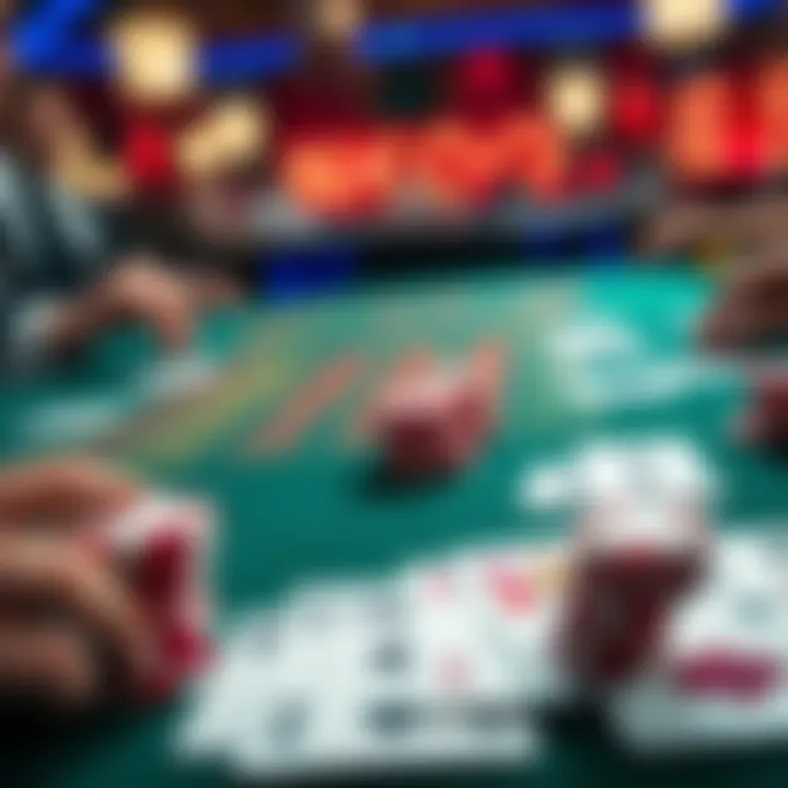 Casino Table with Cards A close-up of a casino table with playing cards and chips, showing a dealer and players engaged in a card game.