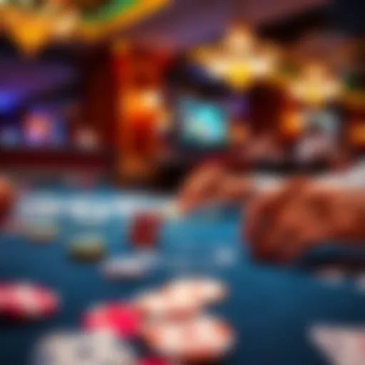 A person playing at a casino table with poker chips and cards, showing excitement and strategy, capturing a gaming moment at Encore Boston Harbor.