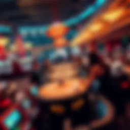 A busy casino in Las Vegas with people at poker tables and slot machines.