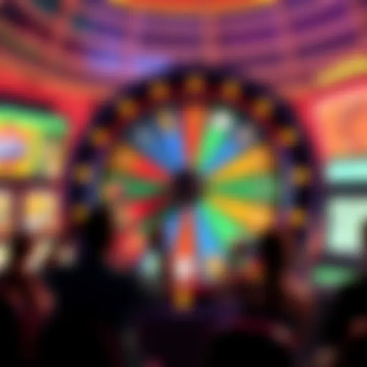 A colorful casino wheel with players excitedly spinning it to win prizes, featuring promotional graphics for free spins and cash rewards.