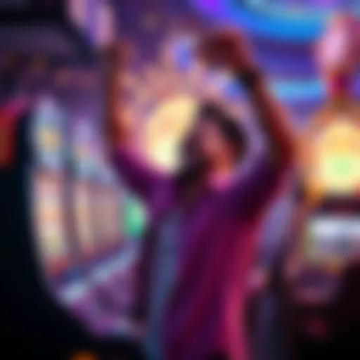 A person joyfully celebrating a huge win at a casino, surrounded by colorful lights and slot machines