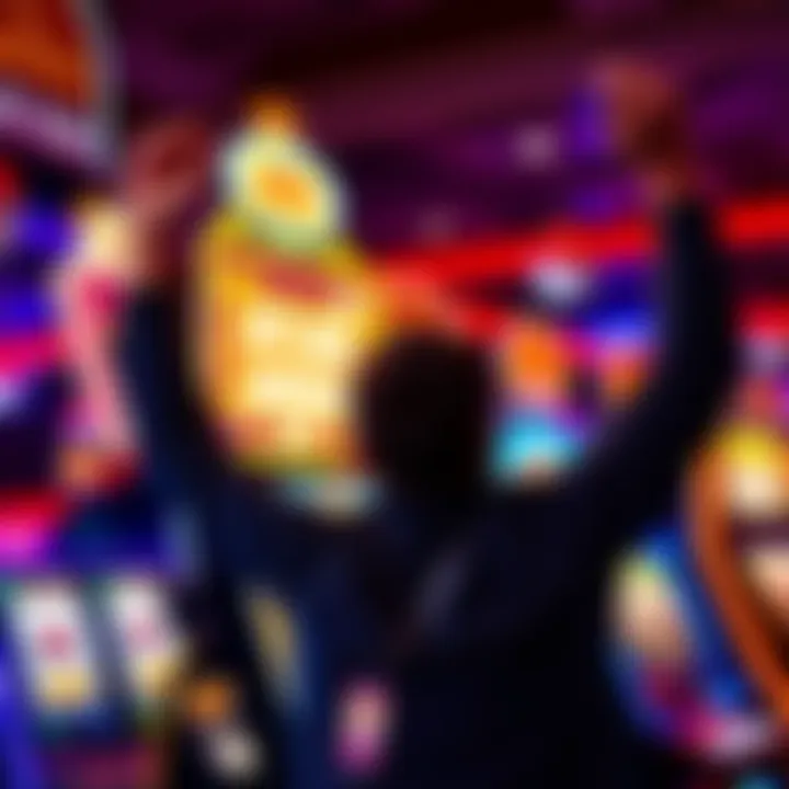 A man celebrating his big win at the Huff N Puff slot machine in Rose Casino, Dumfries, with a winning amount displayed on the screen.