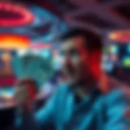 A person celebrating a big win at a casino, holding cash and looking surprised.