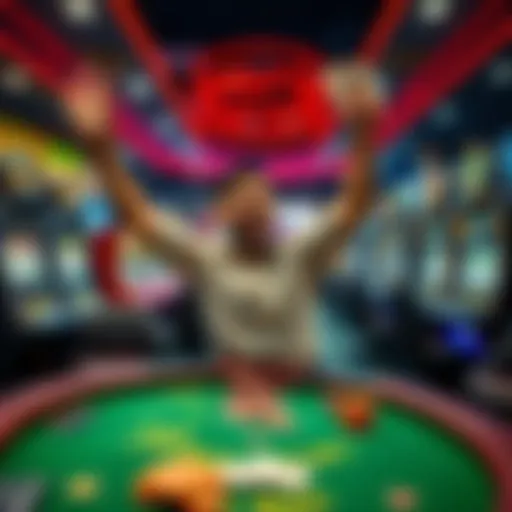 A player joyfully celebrating a big win at a casino, surrounded by slot machines and a blackjack table, with chips and cash in hand.