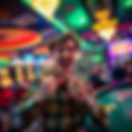 A player celebrating their win at the Ellis Island Casino after using Bubble Craps, showing a stack of cash and a joyful expression.