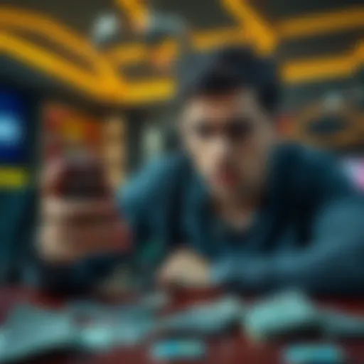 A frustrated player holding a phone with a casino website displayed, looking confused about a blocked withdrawal, dollar bills scattered on the table.