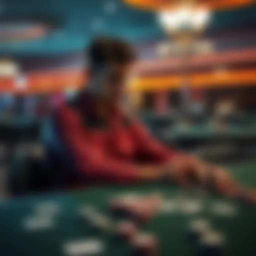 A tired casino worker sits alone at a table, looking reflective after a long shift, with poker chips and playing cards scattered nearby.