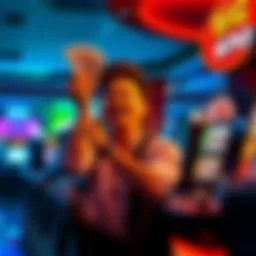 A happy person celebrating a big win at a casino slot machine with money in hand