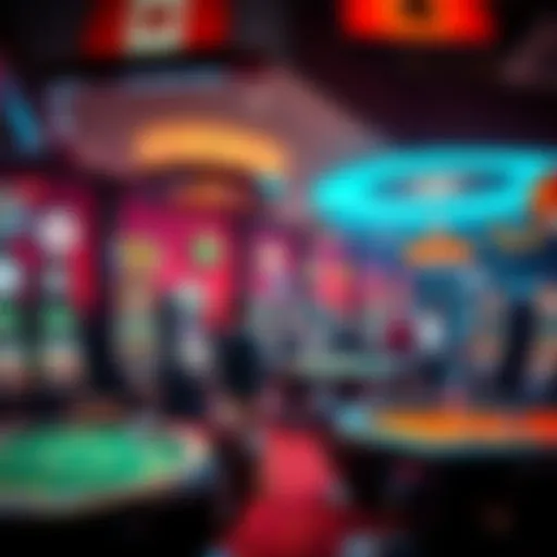 A vibrant casino scene with game tables, slot machines, and people enjoying their time using gift cards for payment
