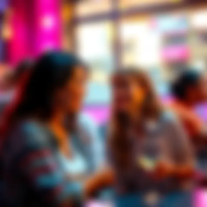 Two people chatting happily, one saying 'That's nice' with a smile, during a friendly gathering.