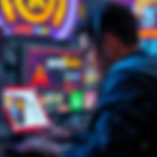 A concerned person looking at a computer screen displaying a gambling website with a warning sign nearby.