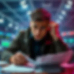 A worried person looks at betting slips and tax forms, highlighting concerns about sports betting taxes in the USA