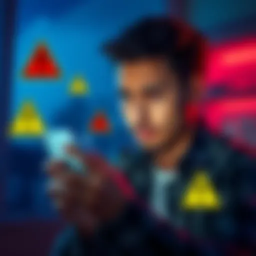 A person looking worried while using a smartphone, with warning symbols around them, indicating scam risks.
