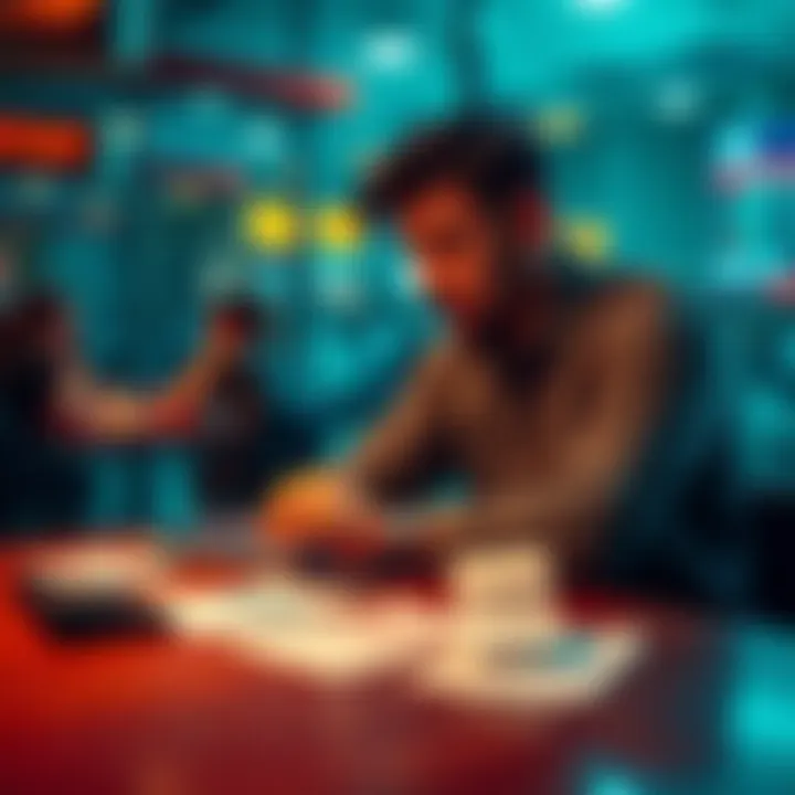 A thoughtful person sitting at a table with betting slips and a calculator, reflecting on their choices before placing a bet.