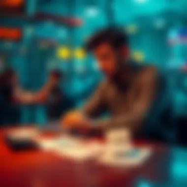 Caution with Betting A thoughtful person sitting at a table with betting slips and a calculator, reflecting on their choices before placing a bet.