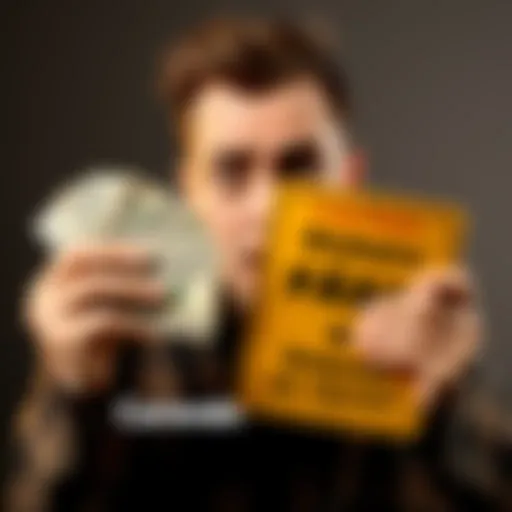 A person looking worried while holding cash and a warning sign about financial traps