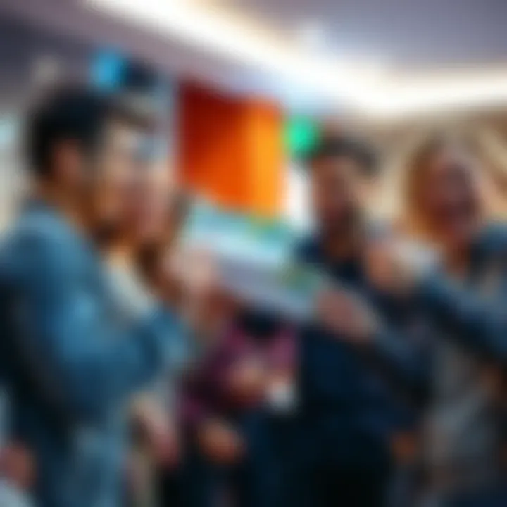 A joyful group of people sharing their winning lottery tickets with smiles and laughter, creating a fun community atmosphere.