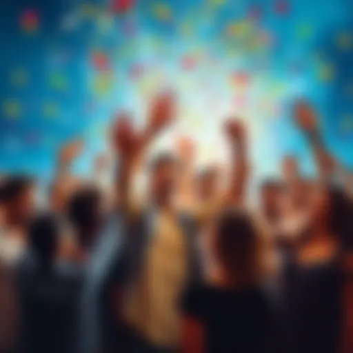 A group of people joyfully celebrating with confetti and smiles after a significant victory.