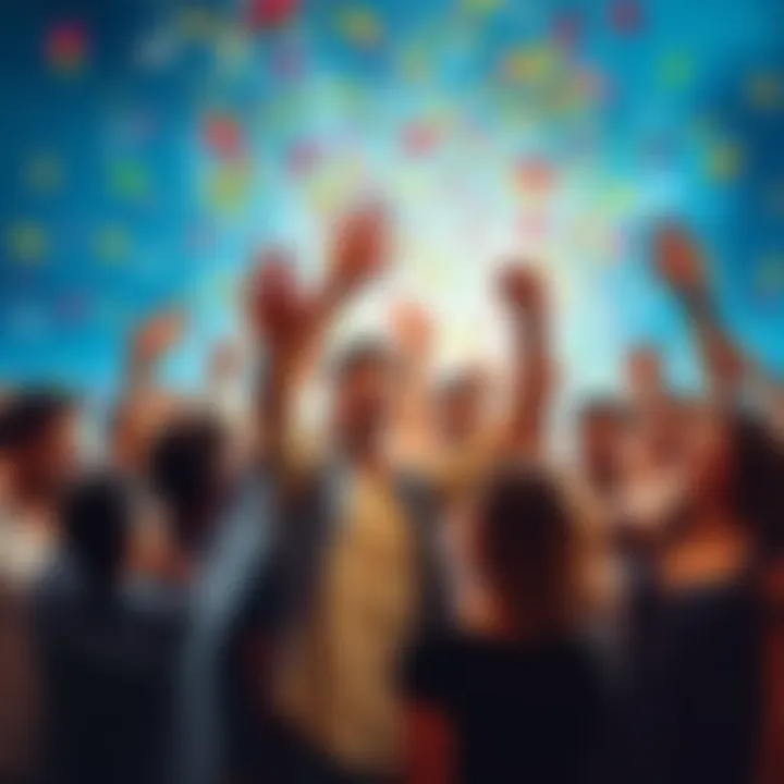 A group of people joyfully celebrating with confetti and smiles after a significant victory.