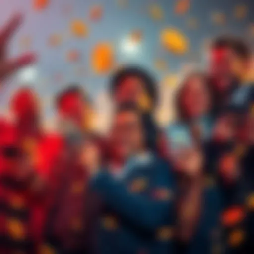 Group of people happily celebrating their big wins from online gambling while showing cash and cryptocurrency on their devices