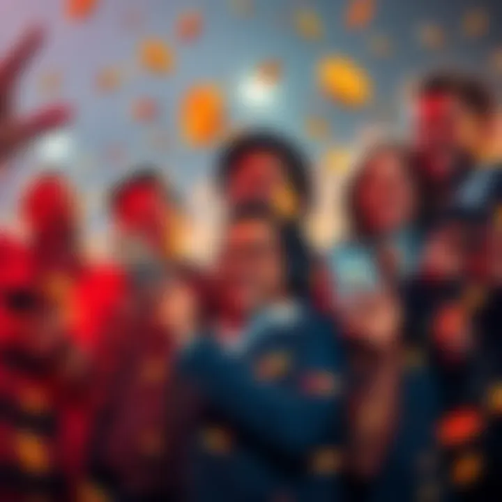 Group of people happily celebrating their big wins from online gambling while showing cash and cryptocurrency on their devices