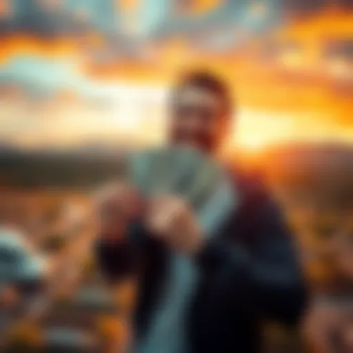 A person smiling and holding cash in front of a Texas landscape