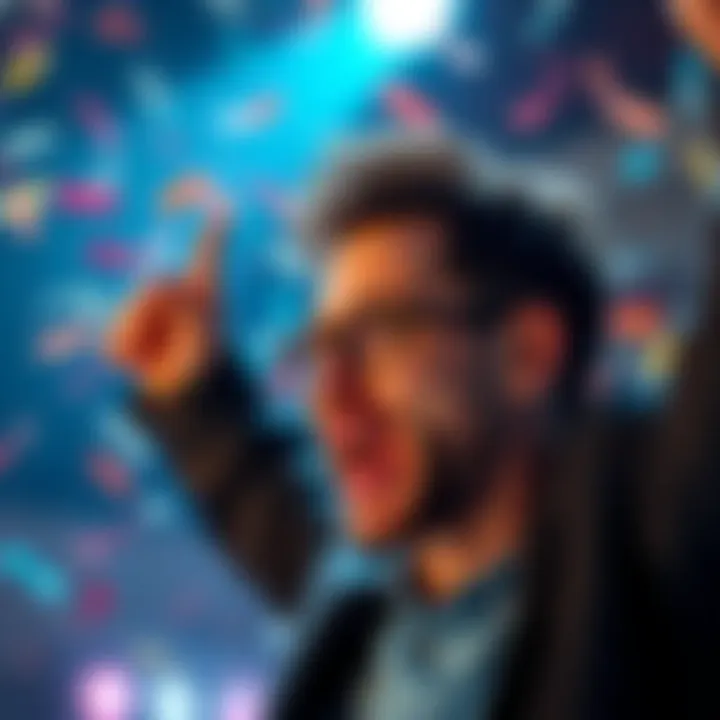 Person celebrating a big financial win with a surprised expression and confetti in the background