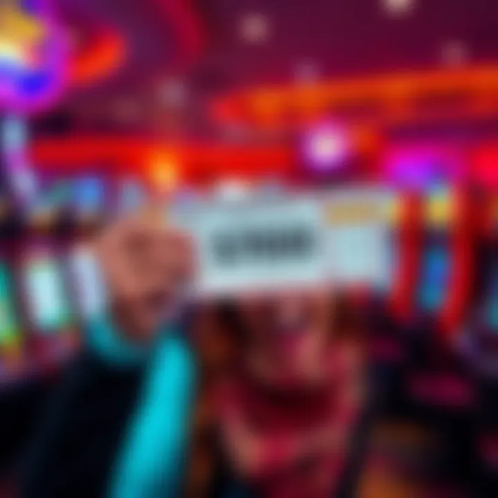 A person holding a casino winnings slip, showing excitement after winning a $100 bonus, with slot machines in the background.