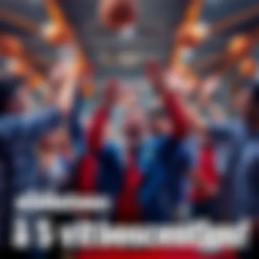 A group of excited bettors celebrating their fifth consecutive victory, showing joy and high-fives in a lively atmosphere, with basketball decorations in the background.