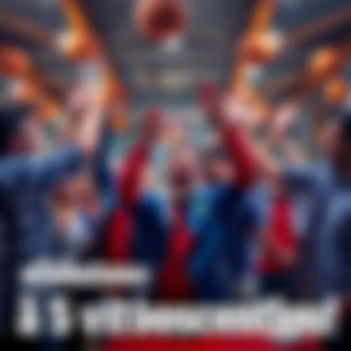 A group of excited bettors celebrating their fifth consecutive victory, showing joy and high-fives in a lively atmosphere, with basketball decorations in the background.