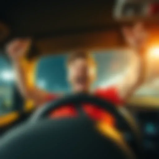 A happy driver raising his arms in joy, celebrating after successfully predicting five sports bets and winning a significant amount of money