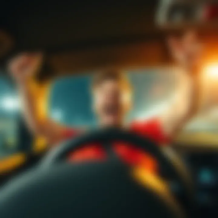 A happy driver raising his arms in joy, celebrating after successfully predicting five sports bets and winning a significant amount of money