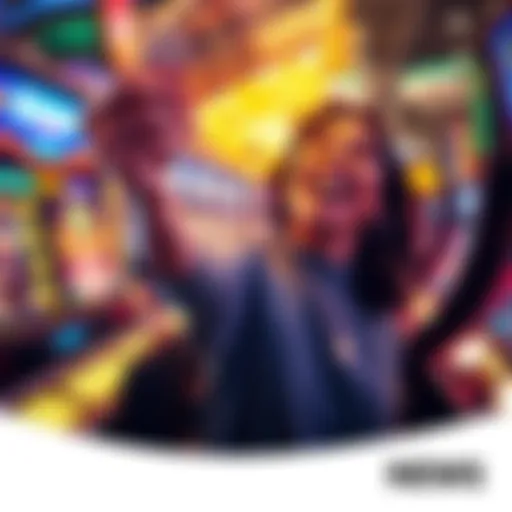 A person joyfully holding cash after winning on a gaming machine, with bright lights and excitement in the background.