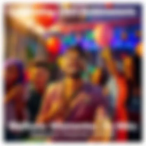A person joyfully celebrating their recent accomplishments with friends in a vibrant setting, surrounded by decorations and smiling faces.