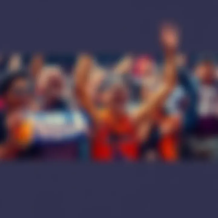 A group of excited fans celebrating their NBA team's victory with smiles and cheers, holding banners and drinks.