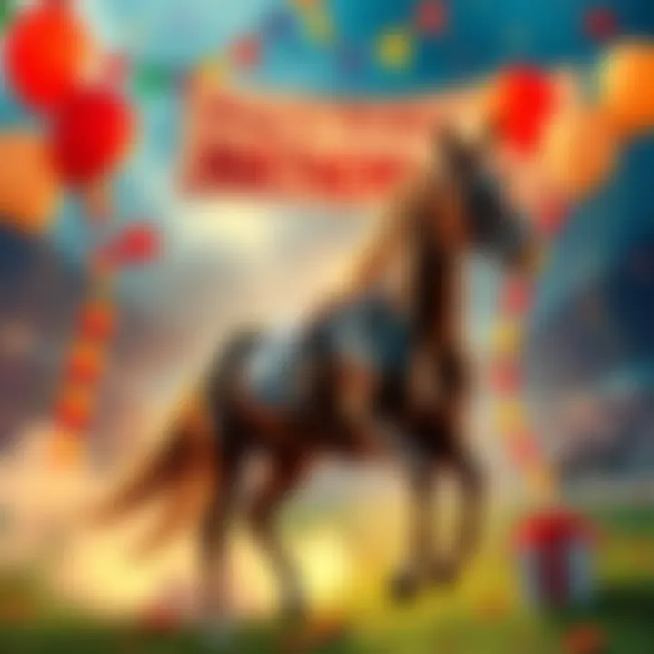 Celebrating Northern Dancer A festive scene with a horse racing banner celebrating Northern Dancer's 65th birthday, with balloons and party decorations.