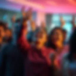 A group of people expressing joy and excitement over recent results during a gathering.